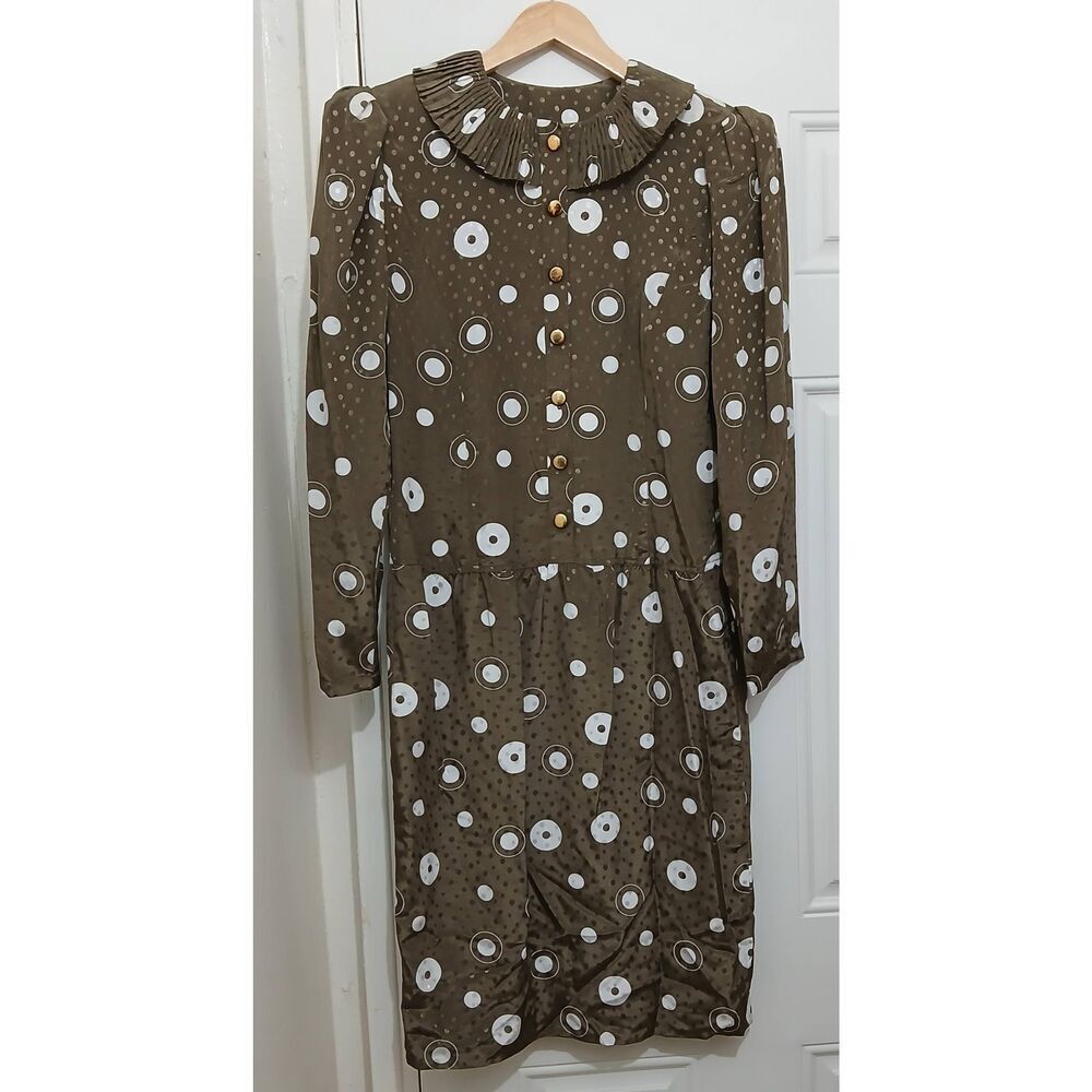 Louis Feraud Olive Midi Dress with White Dot Motif